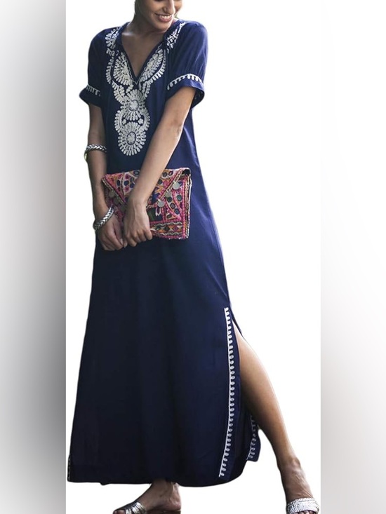 Annabella Dresses & Skirts - Annabella Embroidered Navy Maxi Dress with Side Slit, Size S